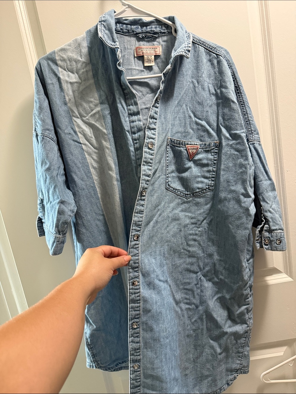 Guess Light Blue Denim Button-Down Shirt with Chest Pocket